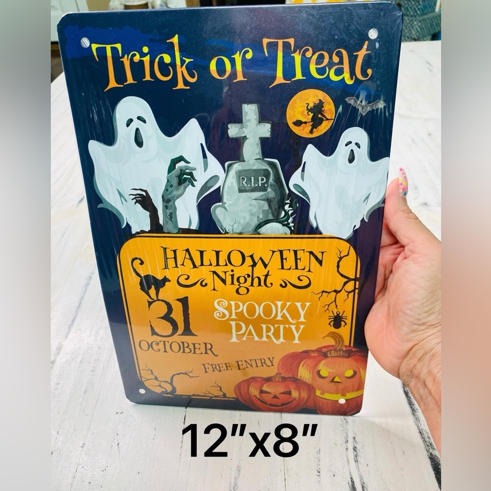 New trick or treat ghost 12x8” tin sign
